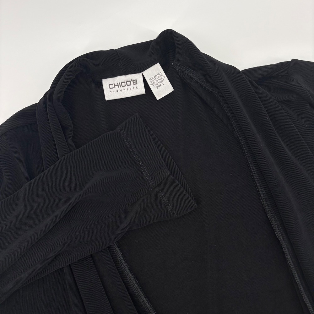Chicos Travelers 3 XL 16‎ Open Front Cardigan Black Ribbed Knit Liquid Knit